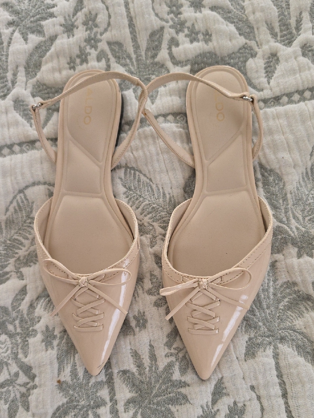 New ALDO Beige Patent Pointed-Toe Slingback Flats with Lace-Up Detail